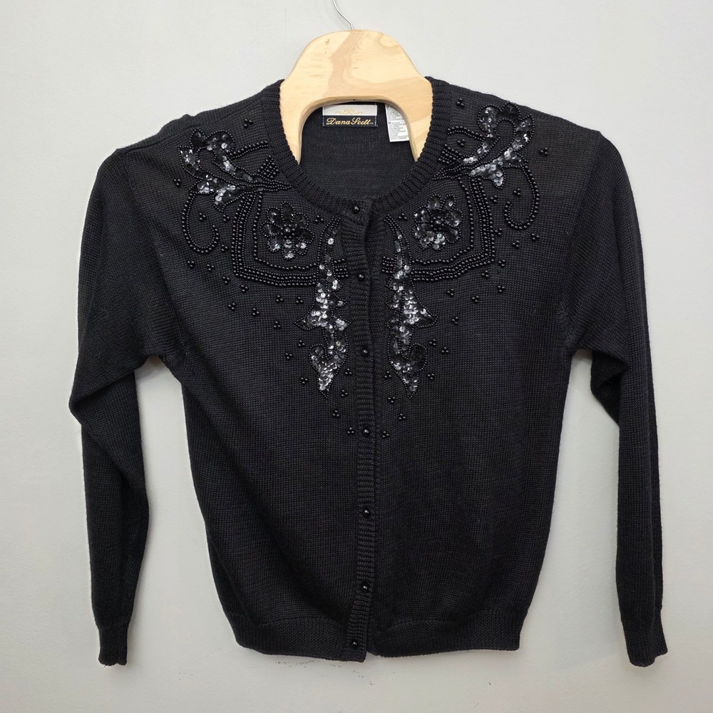 Dana Scott Vintage Black Beaded Sequin Cardigan Sweater‎ Womens Medium Floral